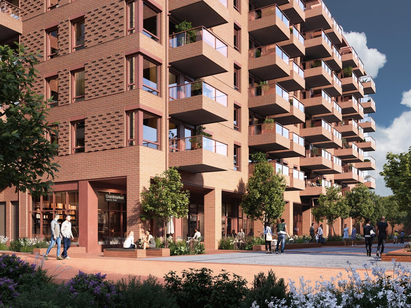 Arkitekturillustrasjon av Grønvollkvartalet med teglfasader, grønt byrom og næringslokaler på gateplan