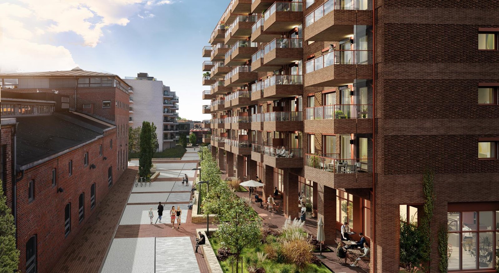 Illustrasjon av bymiljøet i Grønvollkvartalet med næringsfasader på gateplan